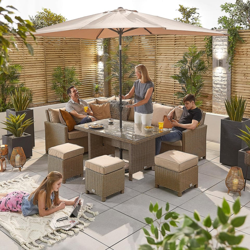 Ciara Corner Rattan Dining Set with 3 Stools - Left Handed Parasol Hole Table