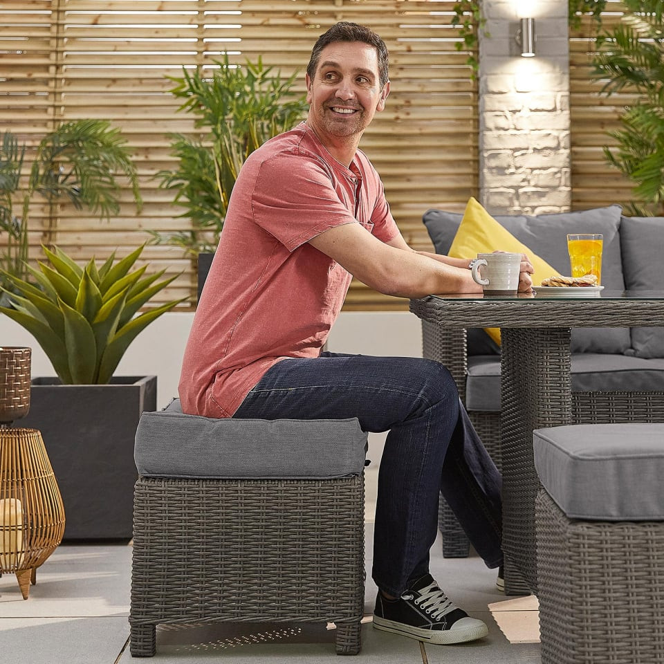 Ciara L-Shaped Corner Rattan Lounge Dining Set with 3 Stools - Right Handed Parasol Hole Table