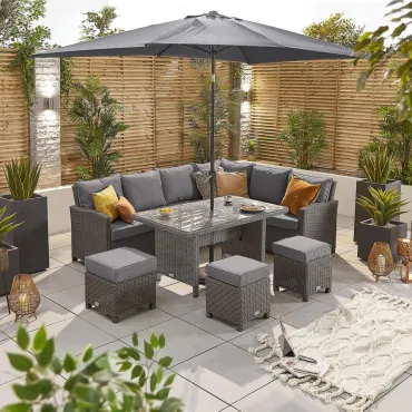 Ciara L-Shaped Corner Rattan Lounge Dining Set with 3 Stools - Right Handed Parasol Hole Table