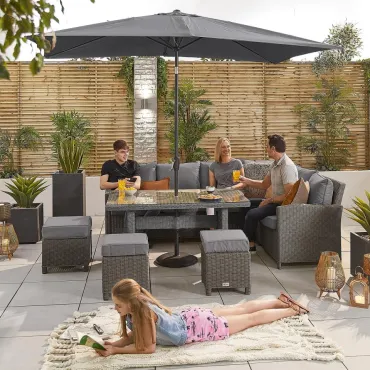 Ciara L-Shaped Corner Rattan Lounge Dining Set with 3 Stools - Right Handed Parasol Hole Table