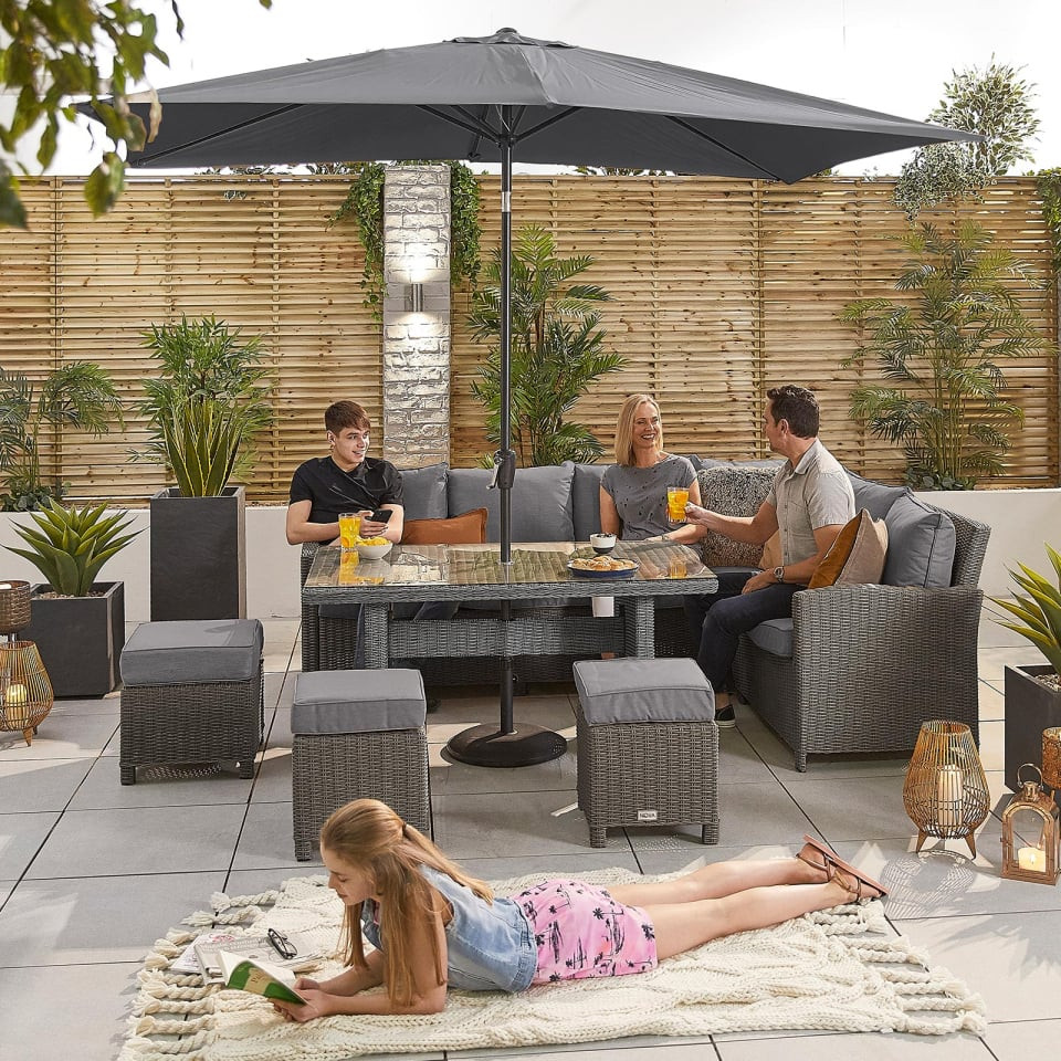 Ciara L-Shaped Corner Rattan Lounge Dining Set with 3 Stools - Right Handed Parasol Hole Table