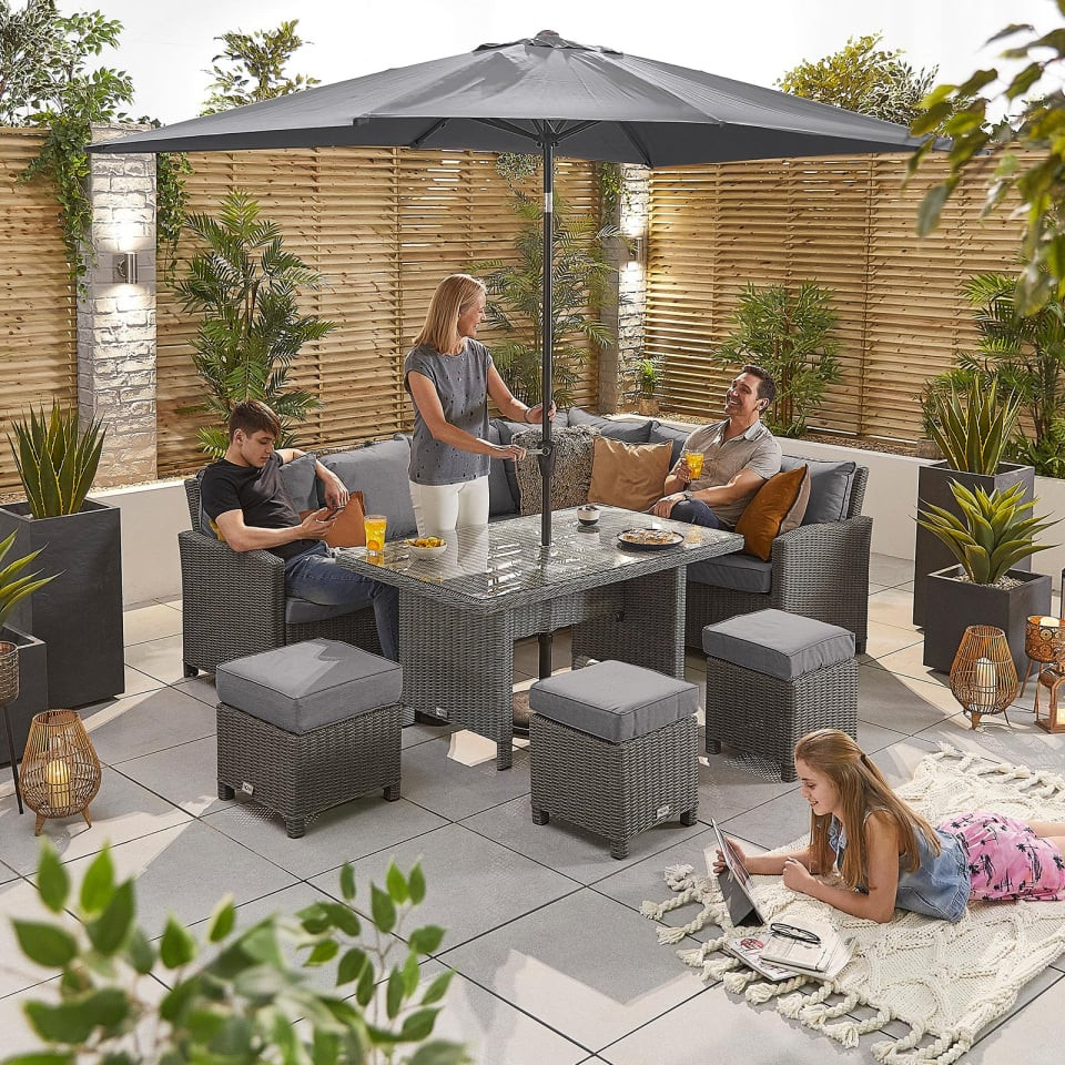 Ciara L-Shaped Corner Rattan Lounge Dining Set with 3 Stools - Right Handed Parasol Hole Table