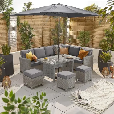 Ciara L-Shaped Corner Rattan Lounge Dining Set with 3 Stools - Right Handed Parasol Hole Table