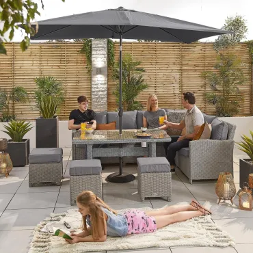 Ciara L-Shaped Corner Rattan Lounge Dining Set with 3 Stools - Right Handed Parasol Hole Table