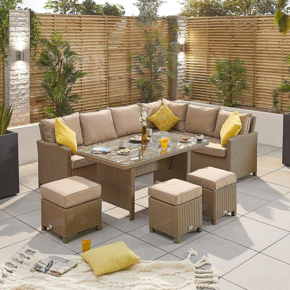 Ciara L-Shaped Corner Rattan Lounge Dining Set with 3 Stools - Right Handed Parasol Hole Table