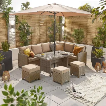 Ciara L-Shaped Corner Rattan Lounge Dining Set with 3 Stools - Right Handed Parasol Hole Table