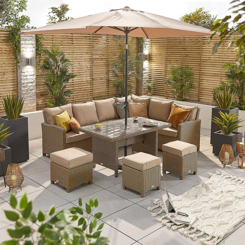 Ciara L-Shaped Corner Rattan Lounge Dining Set with 3 Stools - Right Handed Parasol Hole Table
