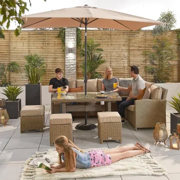 Ciara L-Shaped Corner Rattan Lounge Dining Set with 3 Stools - Right Handed Parasol Hole Table