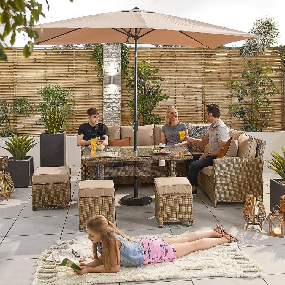 Ciara L-Shaped Corner Rattan Lounge Dining Set with 3 Stools - Right Handed Parasol Hole Table