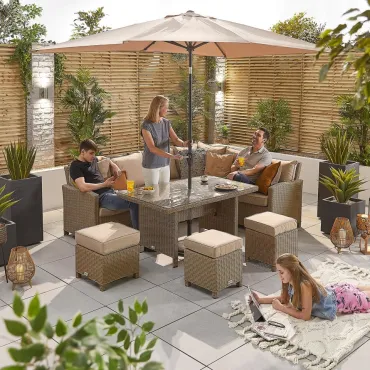 Ciara L-Shaped Corner Rattan Lounge Dining Set with 3 Stools - Right Handed Parasol Hole Table