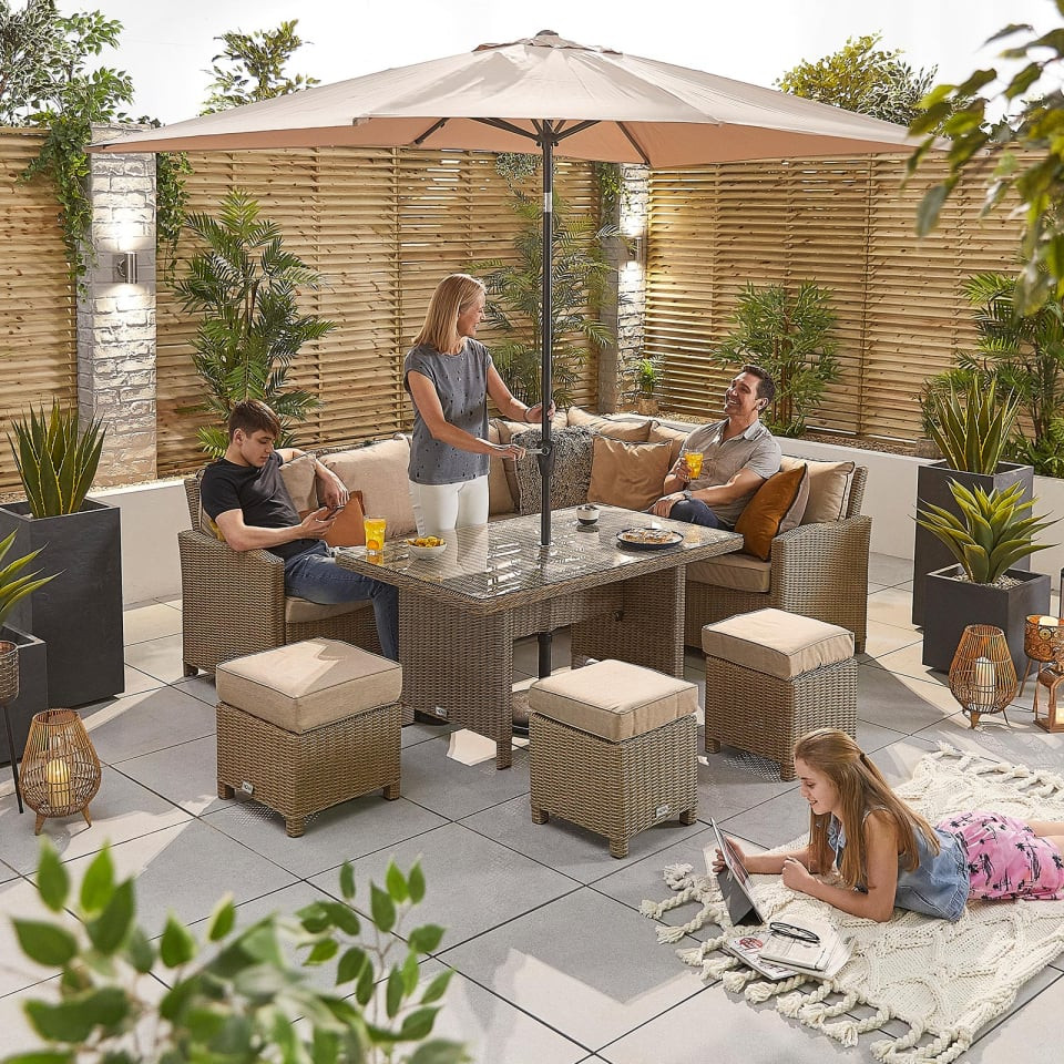Ciara L-Shaped Corner Rattan Lounge Dining Set with 3 Stools - Right Handed Parasol Hole Table