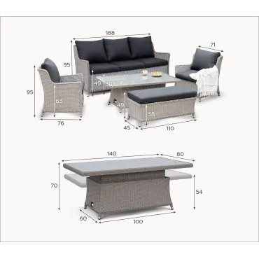 Talia 3 Seater Rattan Dining Set with 2 Armchairs & Bench - Rising Table