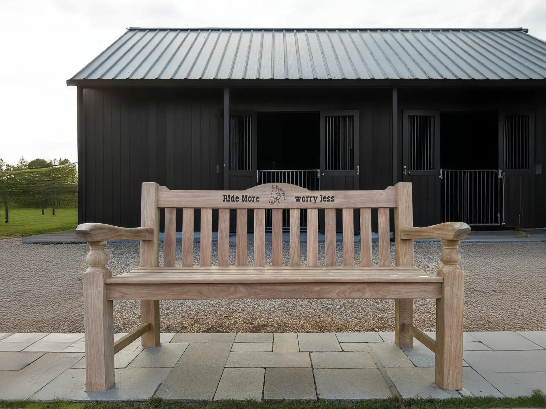 Windsor Horse Engraved Teak Bench