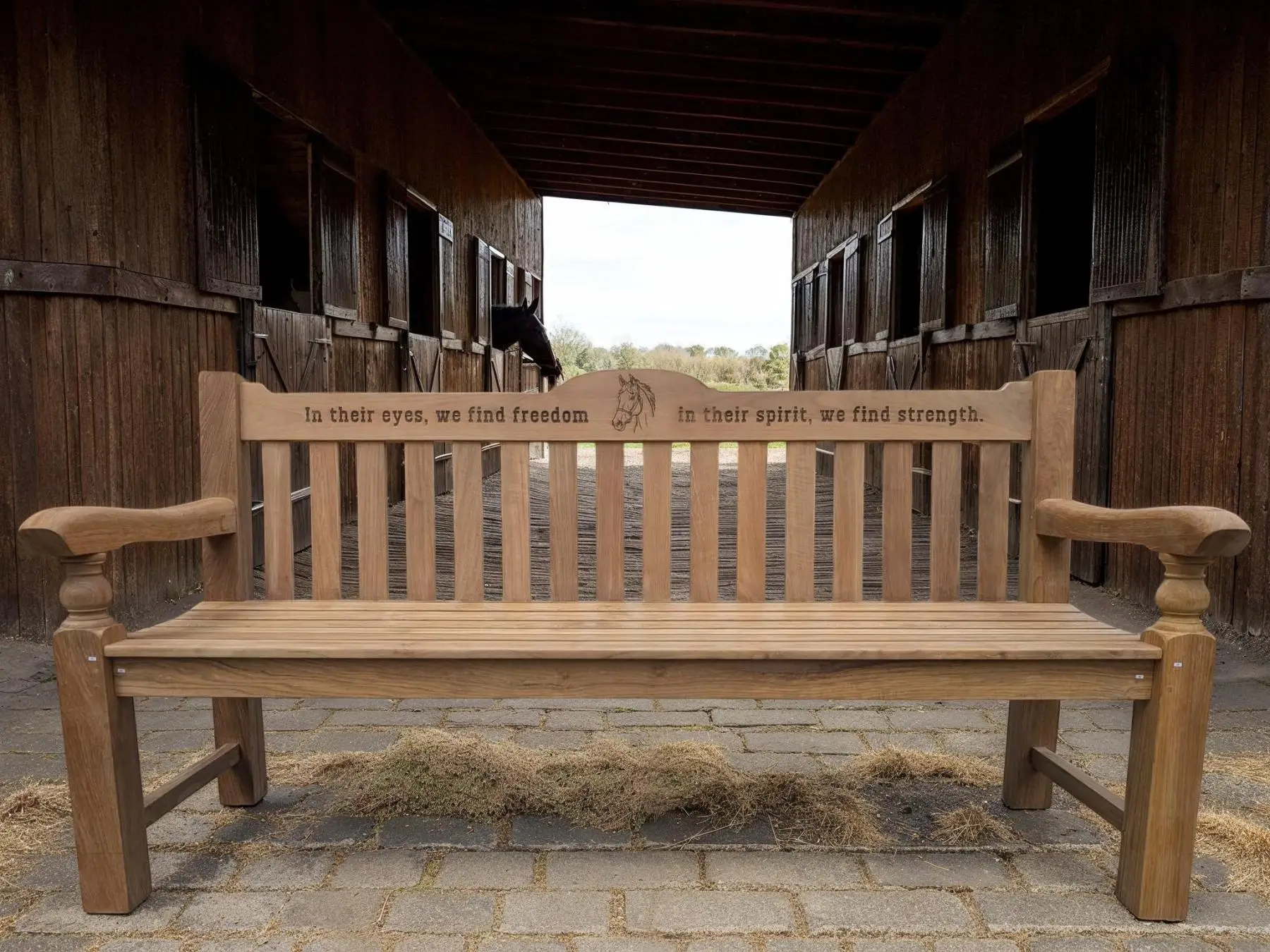 Windsor Horse Engraved Teak Bench