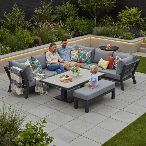 Emerson L-Shaped Aluminium Dining with Bench & Rising Table Emerson L-Shaped Aluminium Dining with Bench & Rising Table