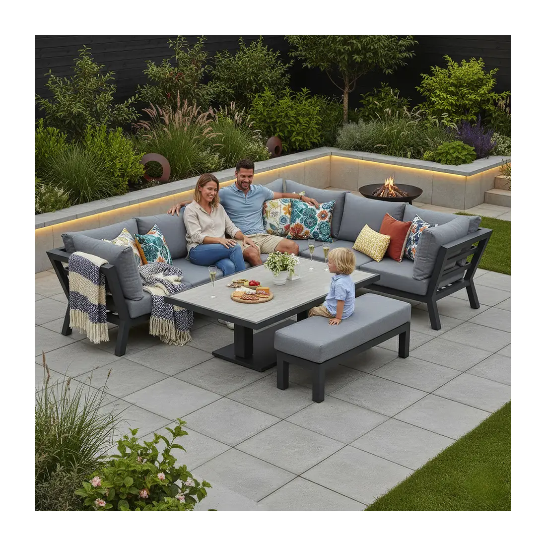 Emerson L-Shaped Aluminium Dining with Bench & Rising Table Emerson L-Shaped Aluminium Dining with Bench & Rising Table