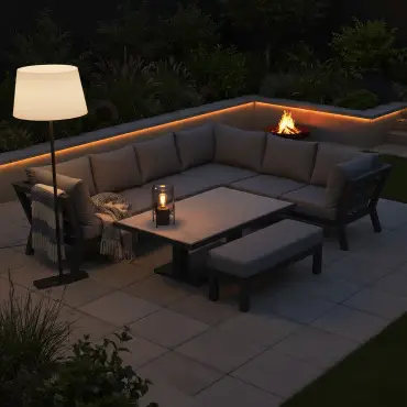 Emerson L-Shaped Aluminium Dining with Bench & Rising Table