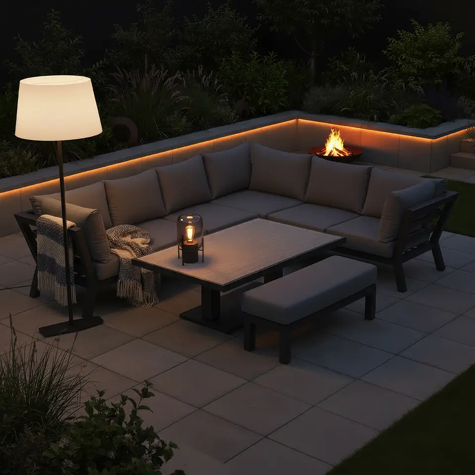 Emerson L-Shaped Aluminium Dining with Bench & Rising Table