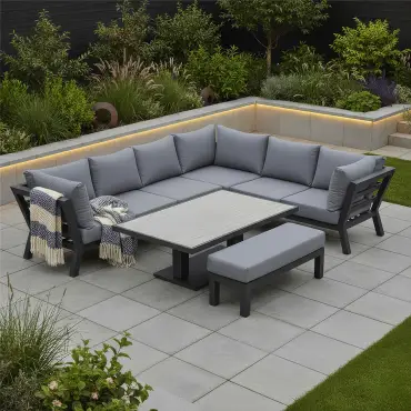 Emerson L-Shaped Aluminium Dining with Bench & Rising Table