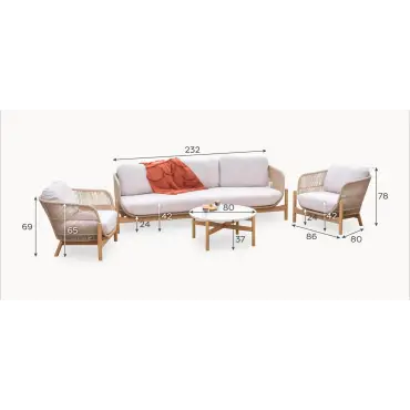 Madison Wood Rope 3 Seater Sofa Lounging Set