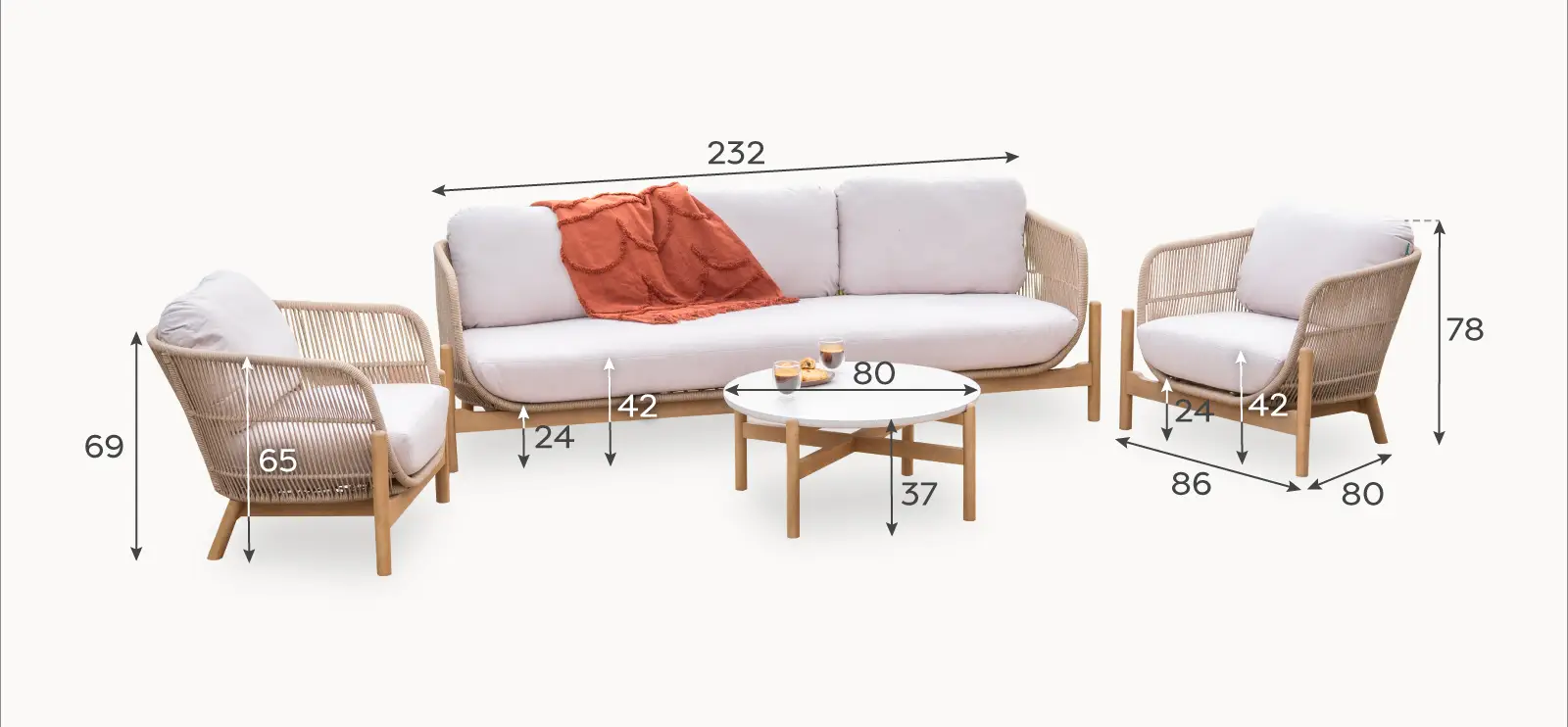 Madison Wood Rope 3 Seater Sofa Lounging Set