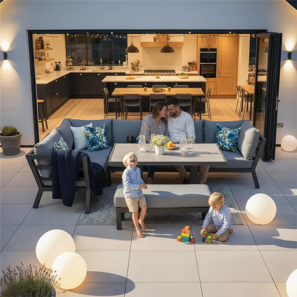 Emerson L-Shaped Aluminium Dining with Bench & Rising Table