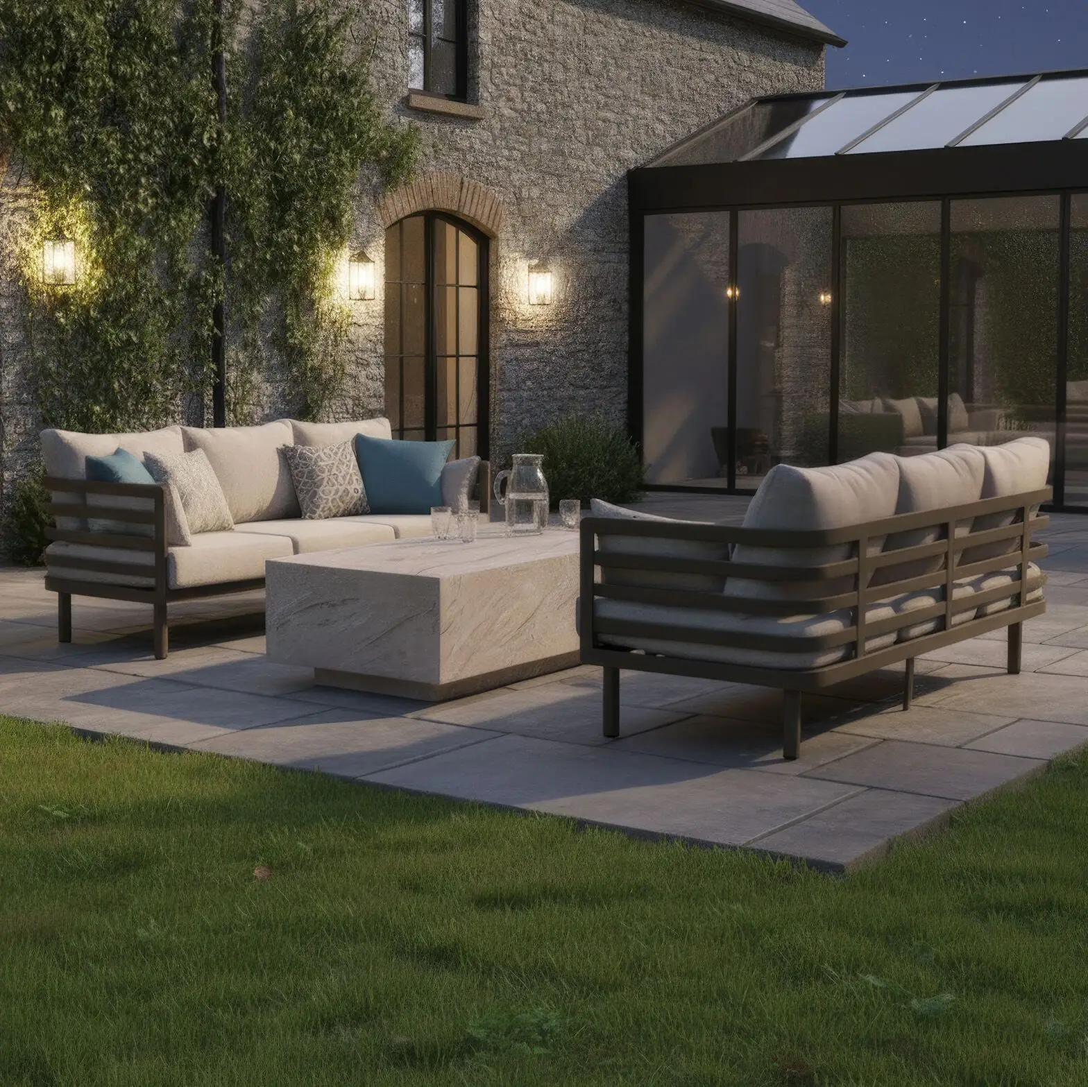 Metro Aluminium 2 X 3 Seat Sofa Stone Coffee Table Set