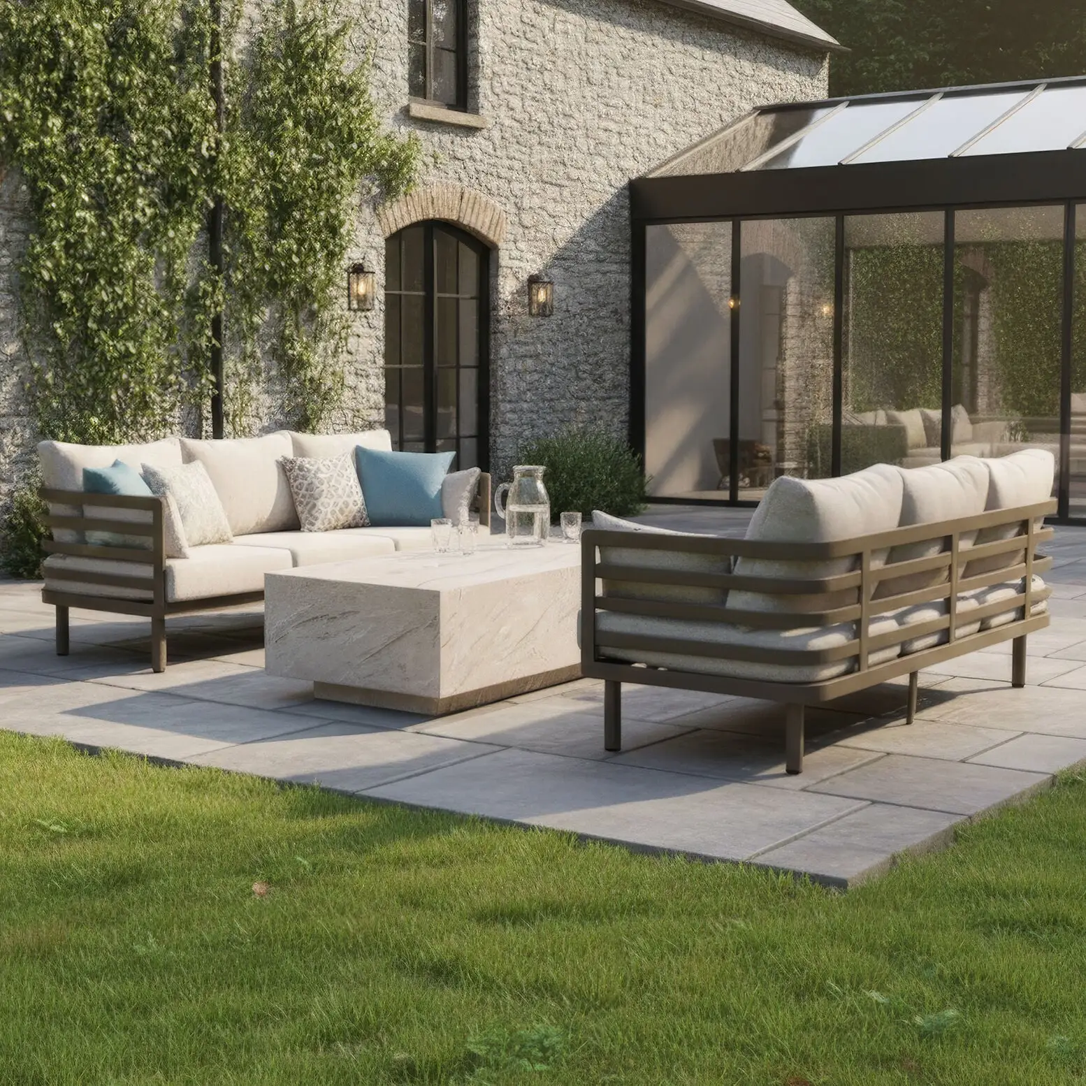 Metro Aluminium 2 X 3 Seat Sofa Stone Coffee Table Set