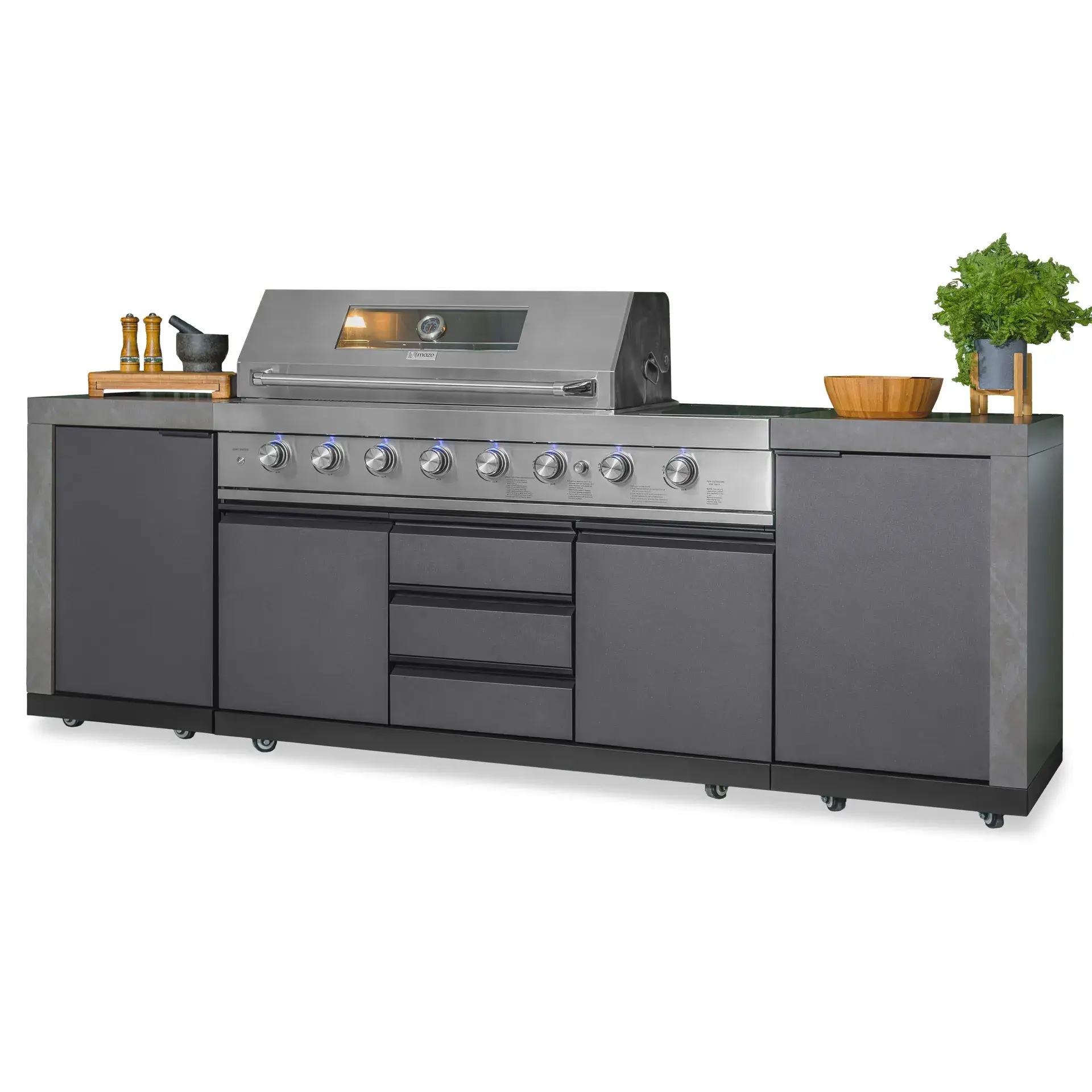 Ember Linear with 6 Burner Gas Grill & Storage Cabinets