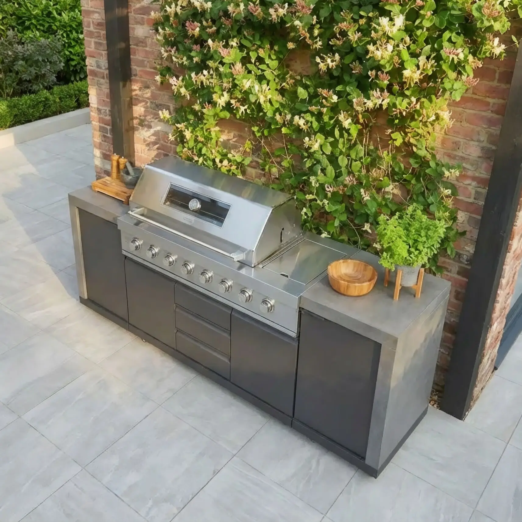 Ember Linear with 6 Burner Gas Grill & Storage Cabinets