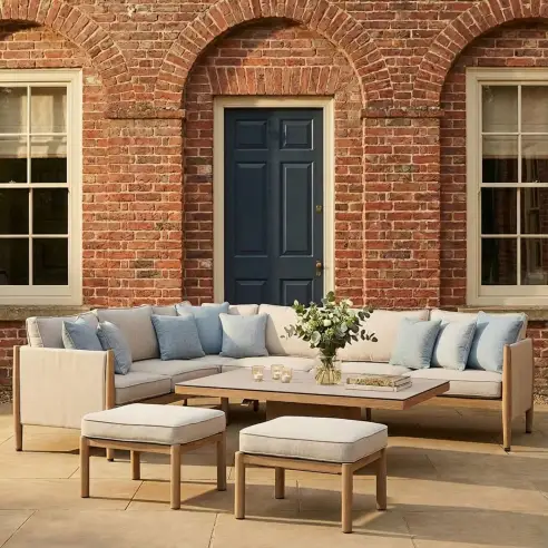 Burford Large Aluminium Corner Dining Set - Rising Table & Footstools Burford Large Aluminium Corner Dining Set - Rising Table & Footstools