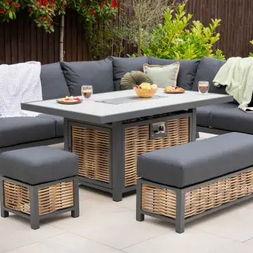 Caleb L Shape Corner Rattan Firepit Lounge Dining Set with Armchair