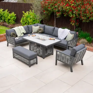 Caleb L Shape Corner Rattan Firepit Lounge Dining Set with Armchair