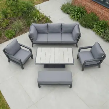 Emerson 3 Seater Aluminium Dining Set - 2 Armchairs & Bench - Adjustable Rising Table