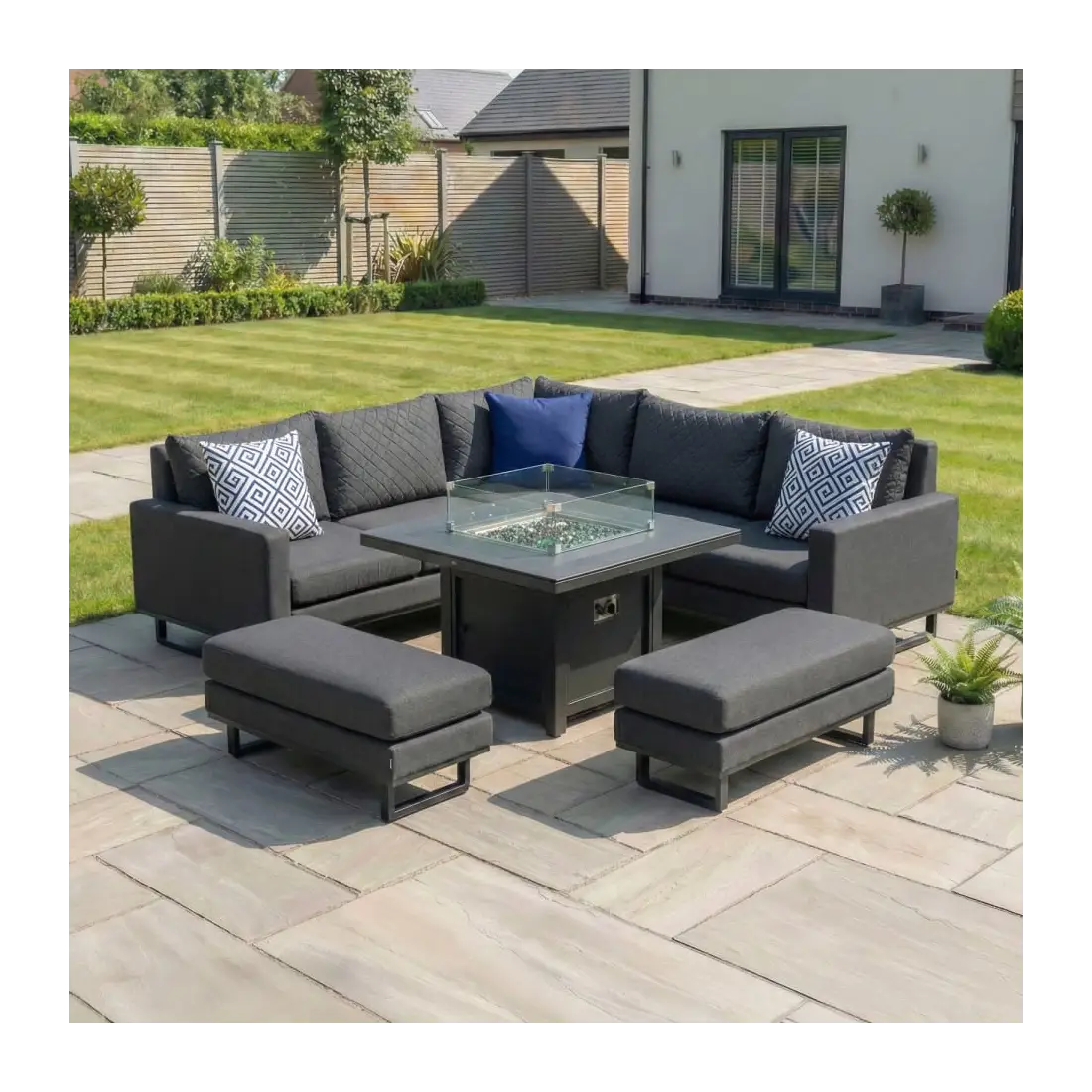 Eclipse Deluxe Corner Fabric Dining Set & 2 Benches - Gas Fire Pit Table Eclipse Deluxe Corner Fabric Dining Set & 2 Benches - Gas Fire Pit Table