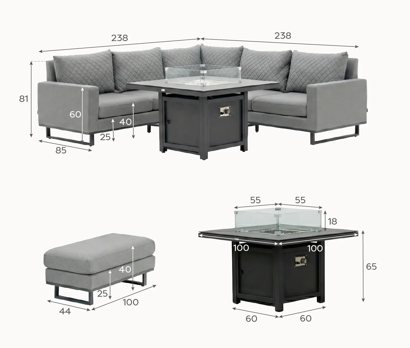 Eclipse Deluxe Corner Fabric Dining Set & 2 Benches - Gas Fire Pit Table