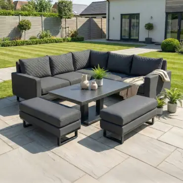 Eclipse Deluxe Corner Fabric Aluminium Dining Set & 2 Benches - Adjustable Rising Table