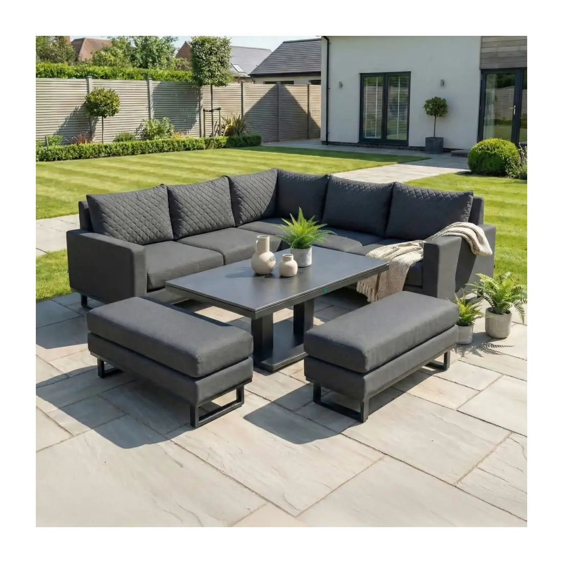 Eclipse Deluxe Corner Fabric Aluminium Dining Set & 2 Benches - Adjustable Rising Table