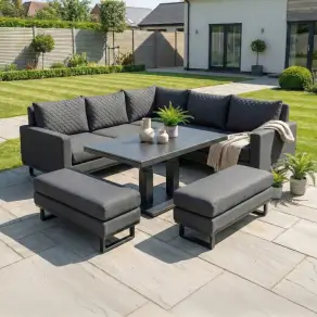 Eclipse Deluxe Corner Fabric Aluminium Dining Set & 2 Benches - Adjustable Rising Table