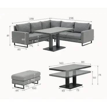 Eclipse Deluxe Corner Fabric Aluminium Dining Set & 2 Benches - Adjustable Rising Table