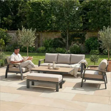 Leah 3 Seater Aluminium Dining with 2 Armchairs & Bench - Adjustable Rising Table