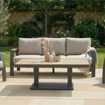 Leah 3 Seater Aluminium Dining with 2 Armchairs & Bench - Adjustable Rising Table