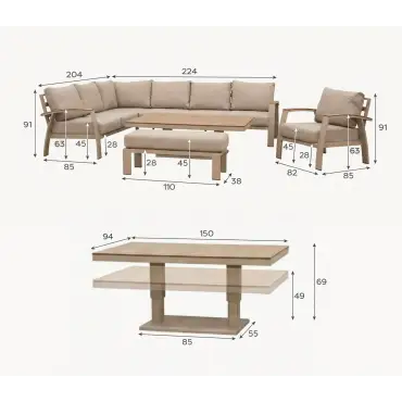 Leah Corner Aluminium Dining with Bench & Footstool - Adjustable Rising Table