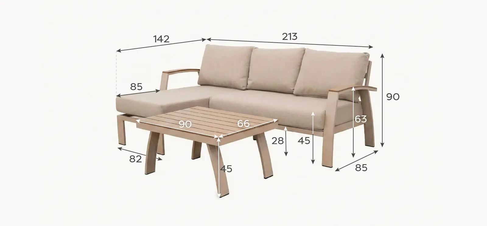 Leah Aluminium 3 Seater Chaise Sofa Lounging Set