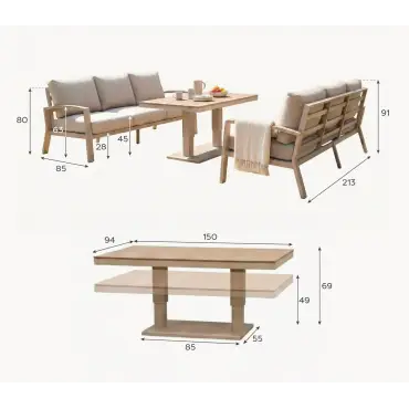 Leah 3 Seater Sofa Suite Aluminium Dining - Adjustable Rising Table