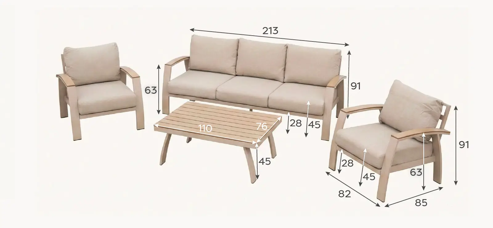 Leah Aluminium 3 Seater Sofa Lounging Set