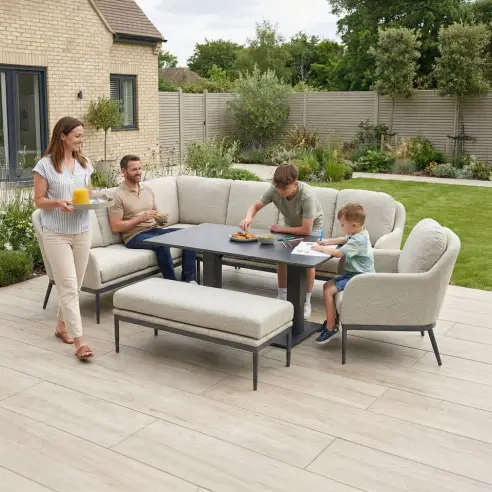 Ally Corner Fabric Aluminium Dining Set with Armchair & Bench - Adjustable Rising Table in Oatmeal Ally Corner Fabric Aluminium Dining Set with Armchair & Bench - Adjustable Rising Table in Oatmeal