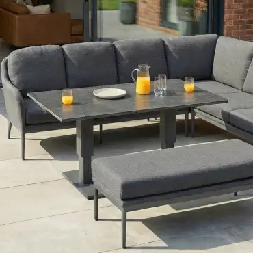 Ally Corner Fabric Aluminium Dining Set with Bench & Stool - Adjustable Rising Table in Graphite Grey