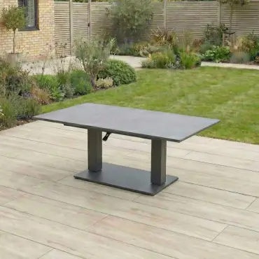 Ally Corner Fabric Aluminium Dining Set with Bench & Stool - Adjustable Rising Table in Oatmeal