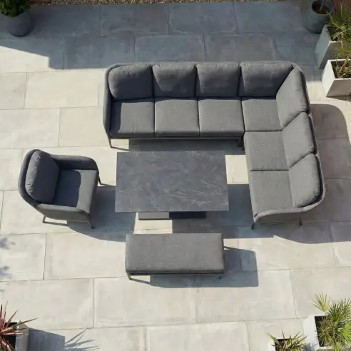 Ally  Corner Fabric Aluminium Dining Set with Armchair & Bench -  Adjustable Rising Table in Graphite Grey